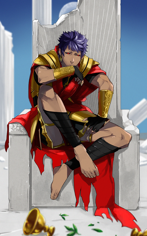 1boy, armor, bandages, bare_shoulders, binzoko, black_sclera, bracer, caligula_(fate/grand_order), cape, dark_skin, dark_skinned_male, earrings, fate/grand_order, fate_(series), fingerless_gloves, full_body, gloves, jewelry, looking_at_viewer, male_focus, muscle, purple_hair, red_cape, red_eyes, short_hair, shoulder_armor, spaulders, thighs, throne