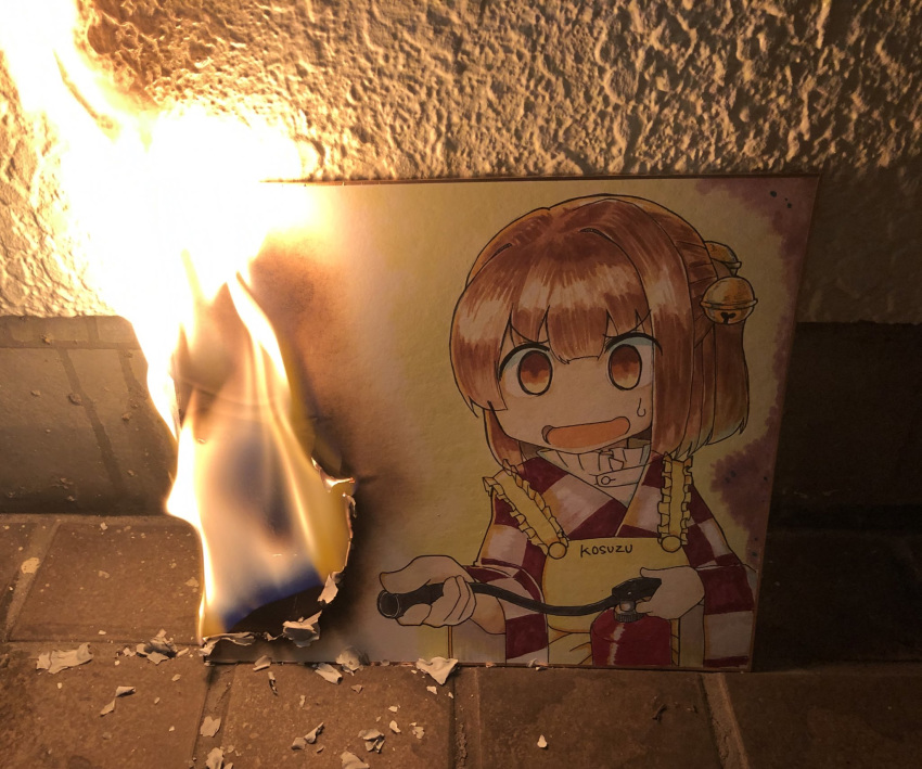 1girl, apron, bangs, bell, brown_hair, burning, character_name, checkered