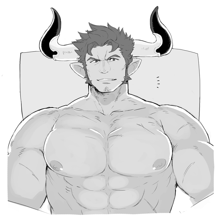1boy, abs, agielba, bara, blush, chest, close-up, draph