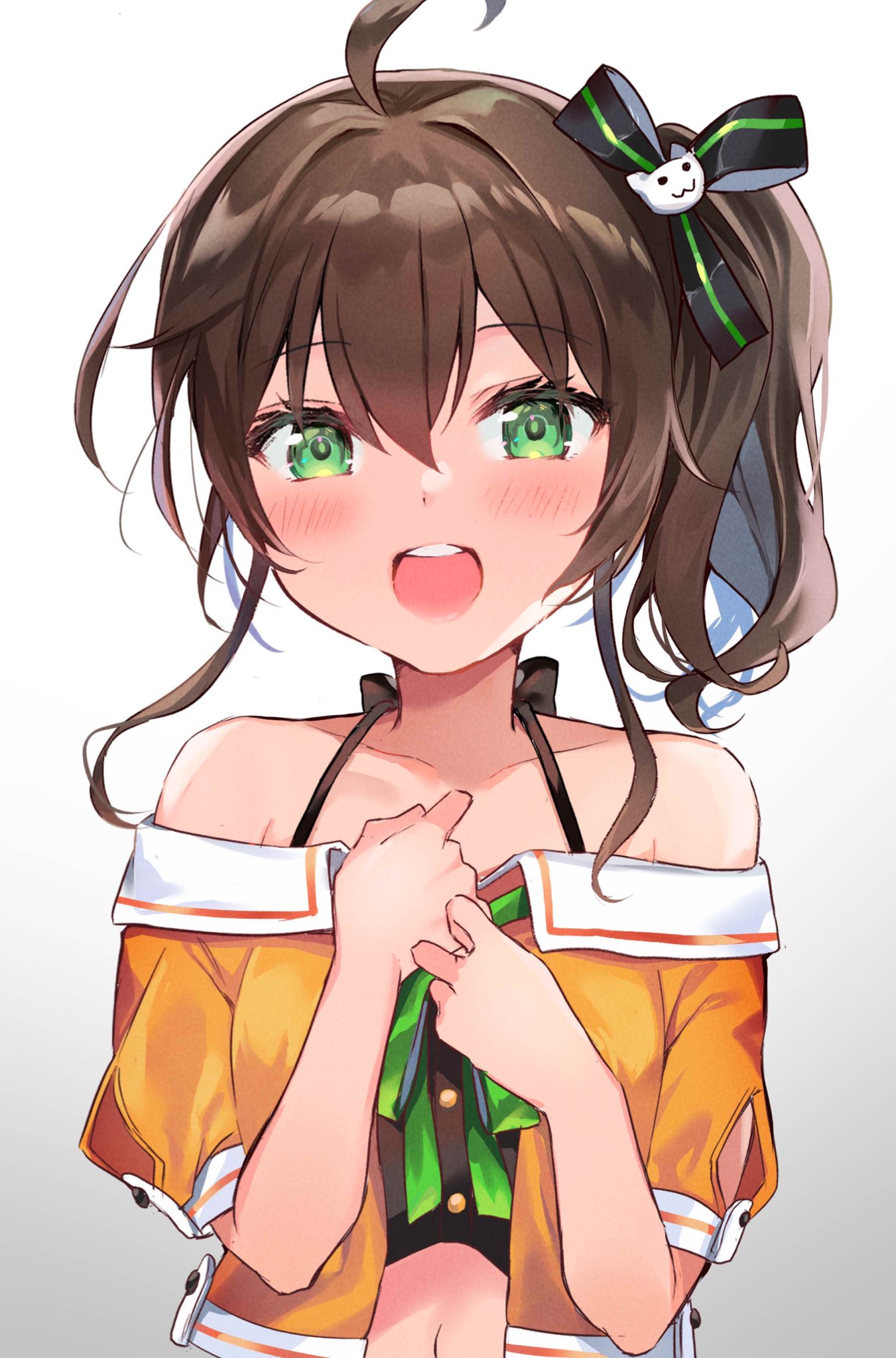 1girl, ahoge, bare_shoulders, black_bow, blush, bow, brown_hair, cat_hair_ornament