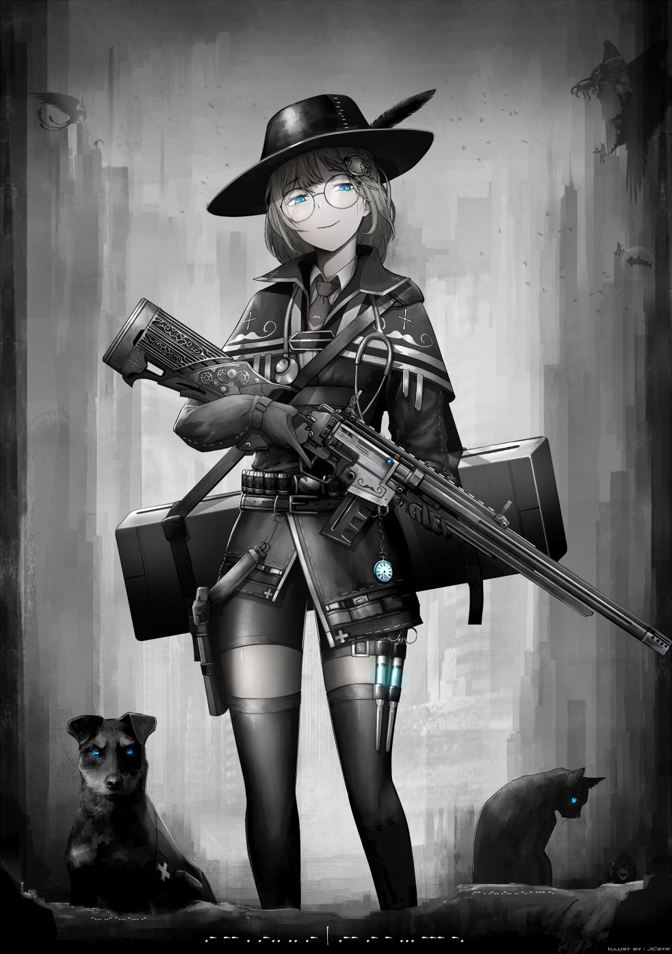 1girl, alternate_costume, bloop_(gawr_gura), blue_eyes, bubba_(watson_amelia), cameo, cat, dog, gawr_gura, glasses, gloves, greyscale, gun, hair_ornament, hat, highres, holding, holding_gun, holding_weapon, hololive, hololive_english, jcstr, monochrome, monocle_hair_ornament, mori_calliope, morse_code, necktie, ninomae_ina'nis, pocket_watch, rifle, solo_focus, spot_color, standing, stethoscope, syringe, takanashi_kiara, thigh-highs, translation_request, trigger_discipline, virtual_youtuber, watch, watson_amelia, weapon, wellington_(watson_amelia)