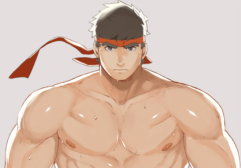 1boy, abs, bara, bare_chest, black_hair, blush, brown_eyes, chest