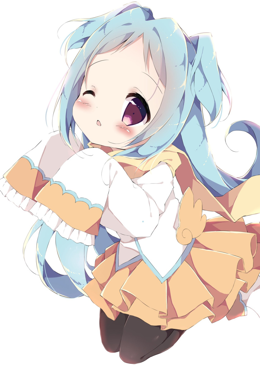 1girl, bangs, black_legwear, blue_hair, blush, folded_leg, frilled_sleeves, frills