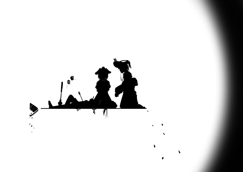 3girls, animal_ears, arrow_(projectile), bug, butterfly, commentary_request, greyscale, hat, highres, hololive, insect, kneeling, looking_at_another, lying, mace, monochrome, multiple_girls, on_back, pirate_hat, rabbit_ears, rabbit_girl, shiranui_flare, uruha_rushia, usada_pekora, virtual_youtuber, weapon, yasagi_lapin28
