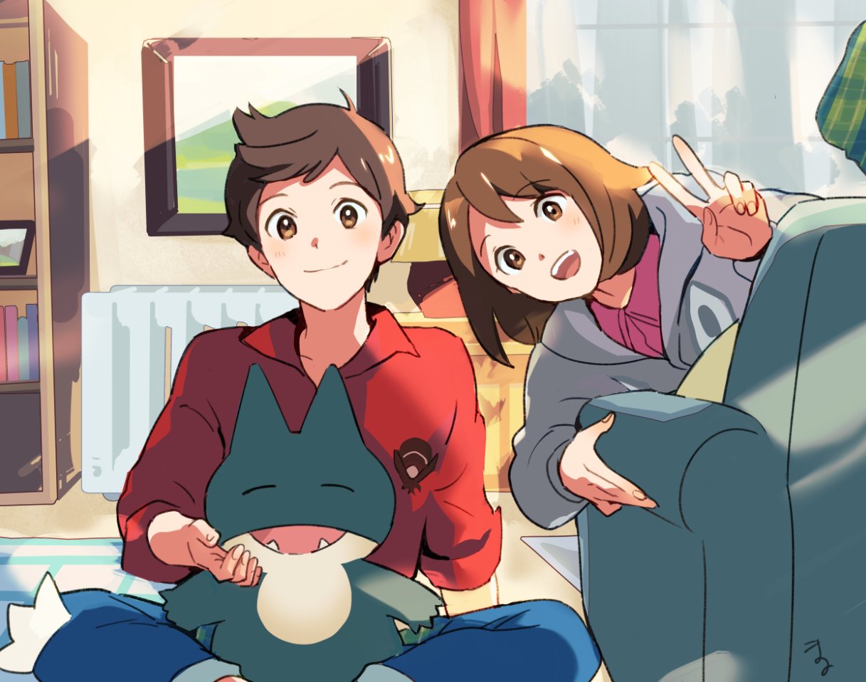 1boy, 1girl, armchair, bangs, blue_pants, brown_hair, cardigan, chair, closed_mouth, collared_shirt, gen_4_pokemon, gloria_(pokemon), grey_cardigan, hood, hood_down, hoodie, indian_style, indoors, kotone_ranmaru, long_sleeves, looking_at_viewer, looking_back, medium_hair, munchlax, open_mouth, pants, picture_(object), pink_shirt, pokemon, pokemon_(creature), pokemon_(game), pokemon_swsh, red_shirt, shirt, short_hair, sitting, sleeves_rolled_up, smile, v, victor_(pokemon), window