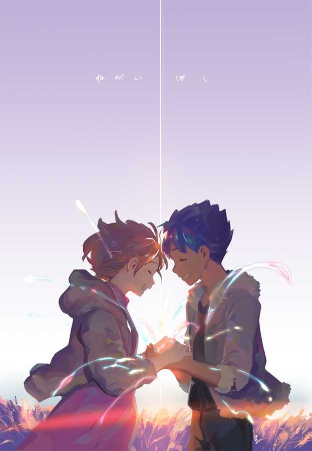 1boy, 1girl, backlighting, bangs, black_shirt, blue_hair, blue_sky, brown_hair