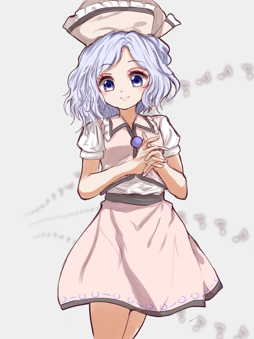 1girl, asymmetrical_hair, bangs, beige_skirt, blue_eyes, blurry, blurry_background, blush