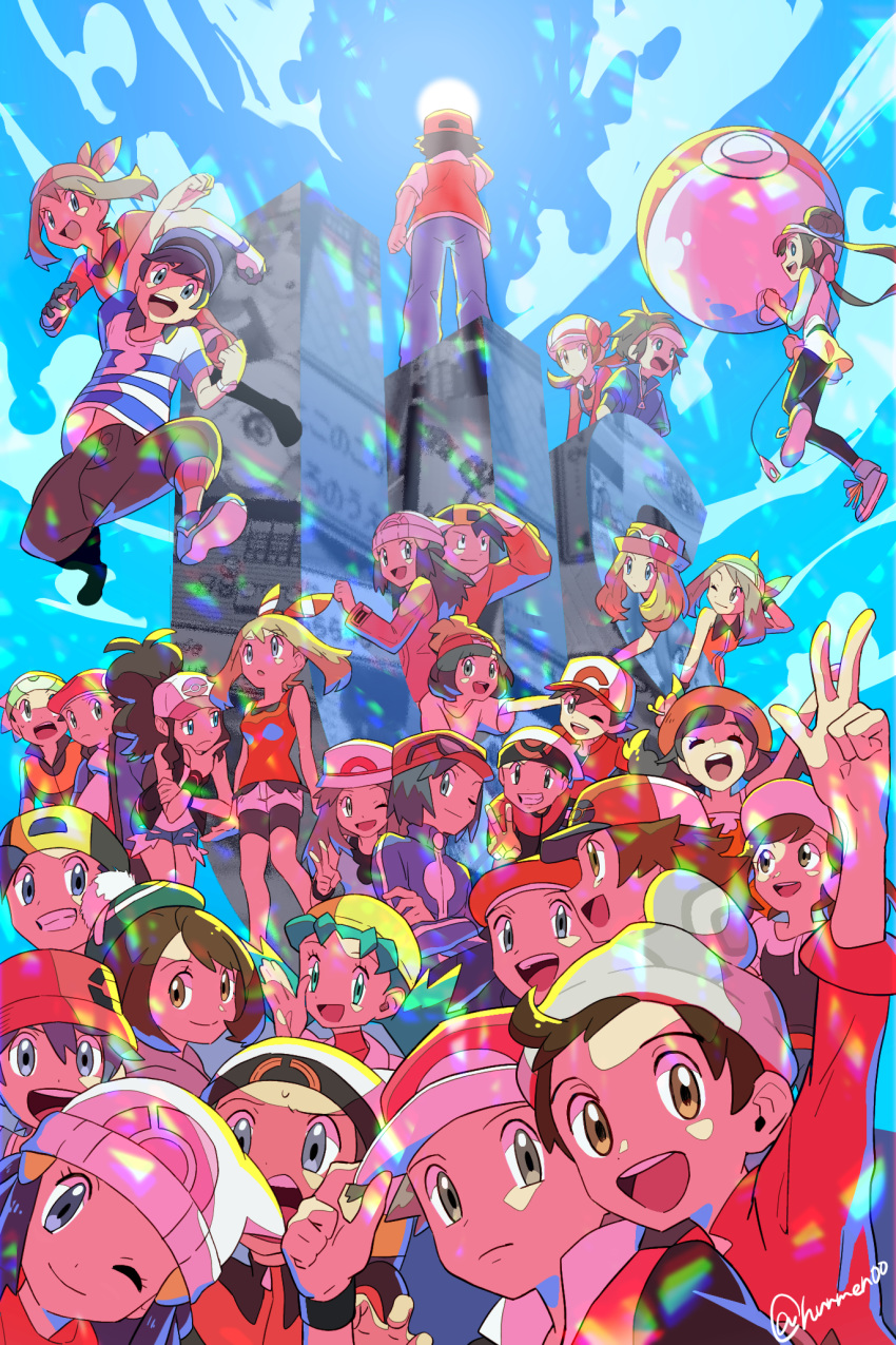 6+boys, 6+girls, :d, ;d, arm_up, backwards_hat, baseball_cap, beanie, bike_shorts, black_wristband, bow_hairband, brendan_(pokemon), brown_eyes, brown_hair, calem_(pokemon), capri_pants, chase_(pokemon), chin_stroking, closed_eyes, closed_mouth, commentary, crossed_arms, hikari_(pokemon), elaine_(pokemon), elio_(pokemon), ethan_(pokemon), eyelashes, eyewear_on_headwear, gloria_(pokemon), green_bandana, hairband, hand_on_headwear, hat, highres, hilbert_(pokemon), hilda_(pokemon), kris_(pokemon), leaf_(pokemon), long_sleeves, looking_up, lucas_(pokemon), lyra_(pokemon), may_(pokemon), mixar0807, multiple_boys, multiple_girls, nate_(pokemon), one_eye_closed, open_mouth, pants, pokemon, pokemon_(game), pokemon_bw, pokemon_bw2, pokemon_dppt, pokemon_emerald, pokemon_gsc, pokemon_oras, pokemon_platinum, pokemon_rgby, pokemon_rse, pokemon_sm, pokemon_swsh, pokemon_usum, pokemon_xy, red_(pokemon), red_bandana, red_headwear, rosa_(pokemon), selene_(pokemon), serena_(pokemon), shirt, short_sleeves, shorts, smile, standing, striped, striped_shirt, sunglasses, tam_o'_shanter, teeth, tongue, v, victor_(pokemon), visor_cap, w, white_headwear, white_shorts, wristband