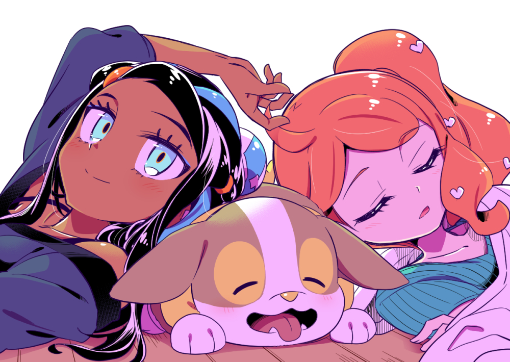 2girls, aqua_eyes, bare_shoulders, blue_eyeshadow, chida_daisuke, closed_eyes, closed_mouth, collarbone, commentary_request, dark_skin, eyebrows_visible_through_hair, eyelashes, eyeshadow, gen_8_pokemon, hair_bun, hair_ornament, heart, heart_hair_ornament, long_hair, looking_back, makeup, multiple_girls, nessa_(pokemon), open_mouth, orange_hair, pokemon, pokemon_(creature), pokemon_(game), pokemon_swsh, sleeping, smile, sonia_(pokemon), yamper