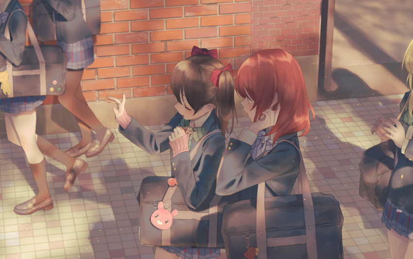 5girls, badge, bag, bag_charm, black_hair, black_legwear, blazer, blonde_hair