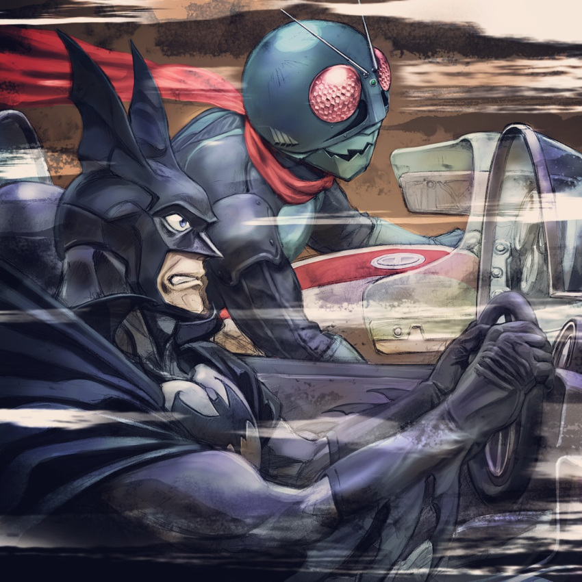 2boys, animal_ears, bat_ears, batman, batman_(series), batmobile, commentary, commentary_request, crossover, dc_comics, driving, gloves, helmet, igunuk, kamen_rider, kamen_rider_(1st_series), kamen_rider_1, male_focus, mask, motion_lines, motor_vehicle, motorcycle, multiple_boys, realistic, riding, scarf, steering_wheel, windshield