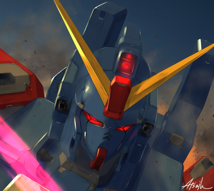 artist_name, atsajh, blue_destiny_02, close-up, glowing, glowing_eyes, gundam, gundam_side_story:_the_blue_destiny