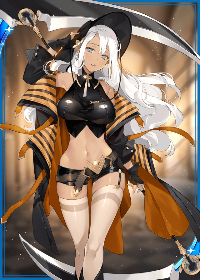 1girl, aqua_eyes, armpits, bare_shoulders, belt, black_jacket, black_shorts, breasts, card_(medium), hat, holding, holding_weapon, indoors, jacket, large_breasts, long_hair, looking_to_the_side, namyo, official_art, pointy_ears, scythe, shinkai_no_valkyrie, shirt, short_shorts, shorts, sleeveless, sleeveless_shirt, stomach, thigh-highs, weapon, white_hair