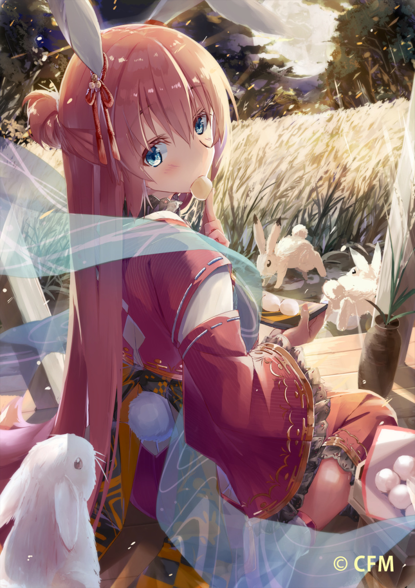 1girl, alternate_costume, alternate_hairstyle, animal_ears, blue_eyes, blush, braid, bunny_tail