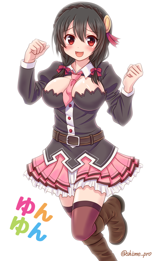 1girl, belt, between_breasts, blush, breasts, hair_between_eyes, kono_subarashii_sekai_ni_shukufuku_wo!, large_breasts