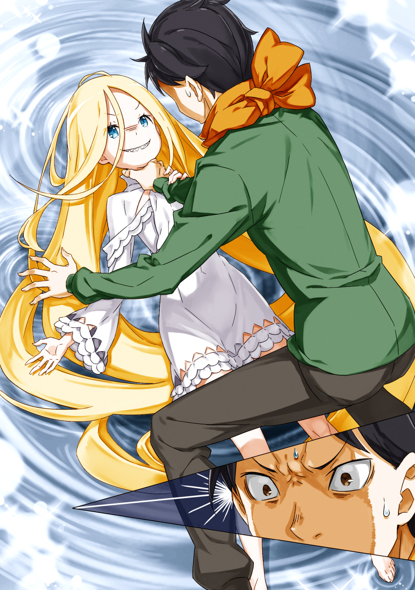 >:), 1boy, 1girl, absurdly_long_hair, ahoge, asphyxiation, aura, bare_legs