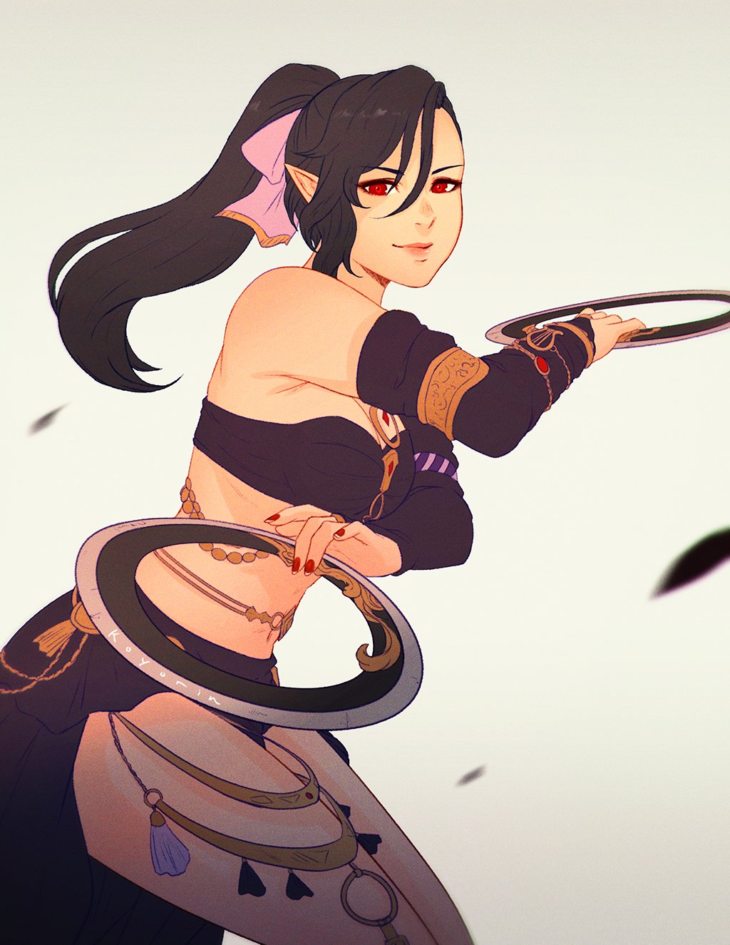 1girl, bandeau, black_hair, breasts, bridal_gauntlets, chakram, dancer_(final_fantasy), elbow_gloves