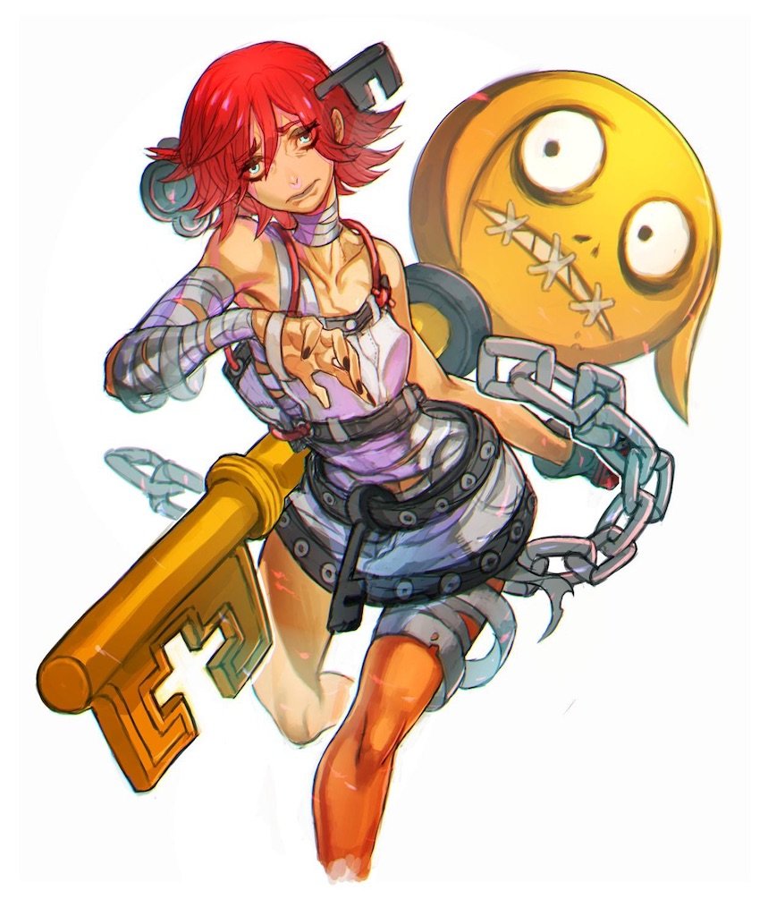 1girl, a.b.a, bandages, chain, guilty_gear, key, key_in_head, paracelsus, redhead, short_hair