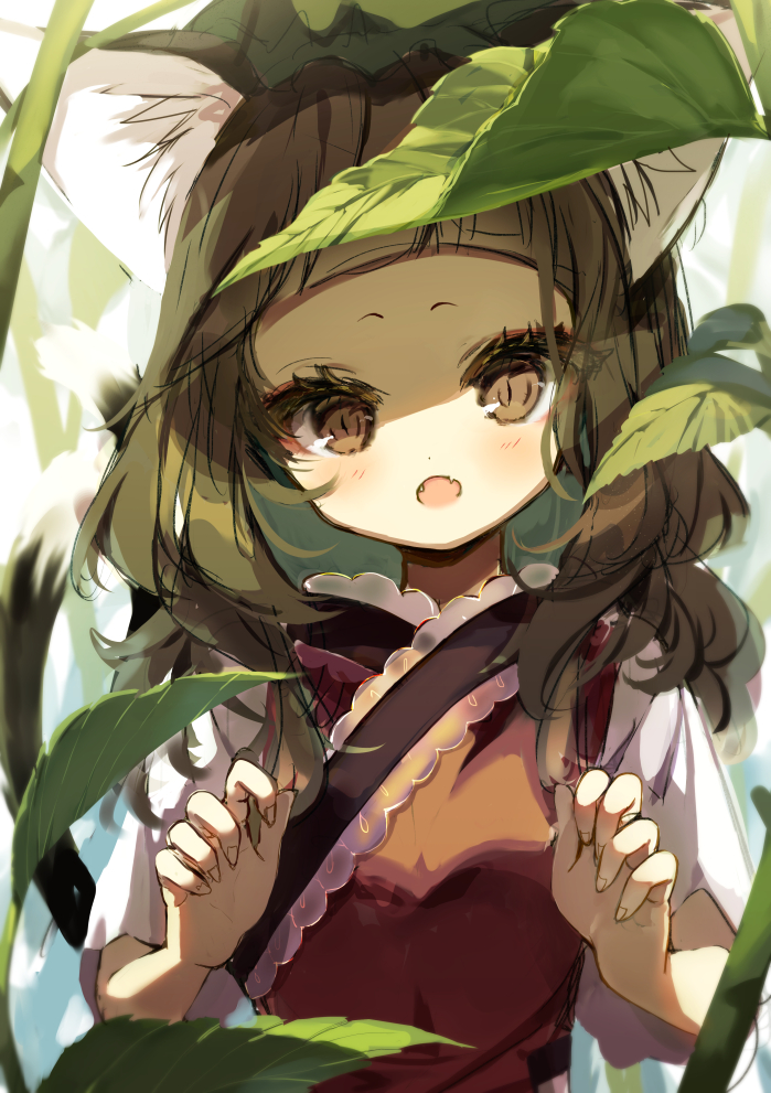 1girl, :o, animal_ear_fluff, animal_ears, bangs, blush, brown_eyes, brown_hair, cat_ears, chen, commentary_request, fangs, hansoku_tantei_satori, long_hair, looking_at_viewer, open_mouth, piyokichi, short_sleeves, solo, touhou, upper_body