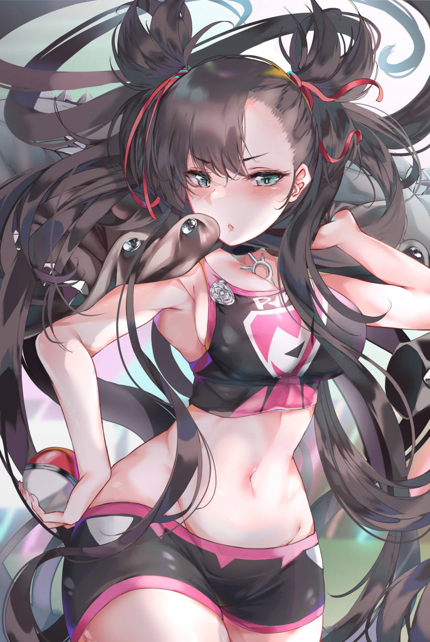1girl, absurdres, alternate_breast_size, alternate_hair_length, alternate_hairstyle, asymmetrical_bangs, bangs, bannou_ippoutsukou, blush, breasts, brown_hair, commentary_request, eyelashes, floating_hair, green_eyes, hair_ribbon, hand_on_hip, hand_up, highres, holding, holding_poke_ball, long_hair, marnie_(pokemon), navel, poke_ball, poke_ball_(basic), pokemon, pokemon_(game), pokemon_swsh, red_ribbon, ribbon, shiny, solo, very_long_hair