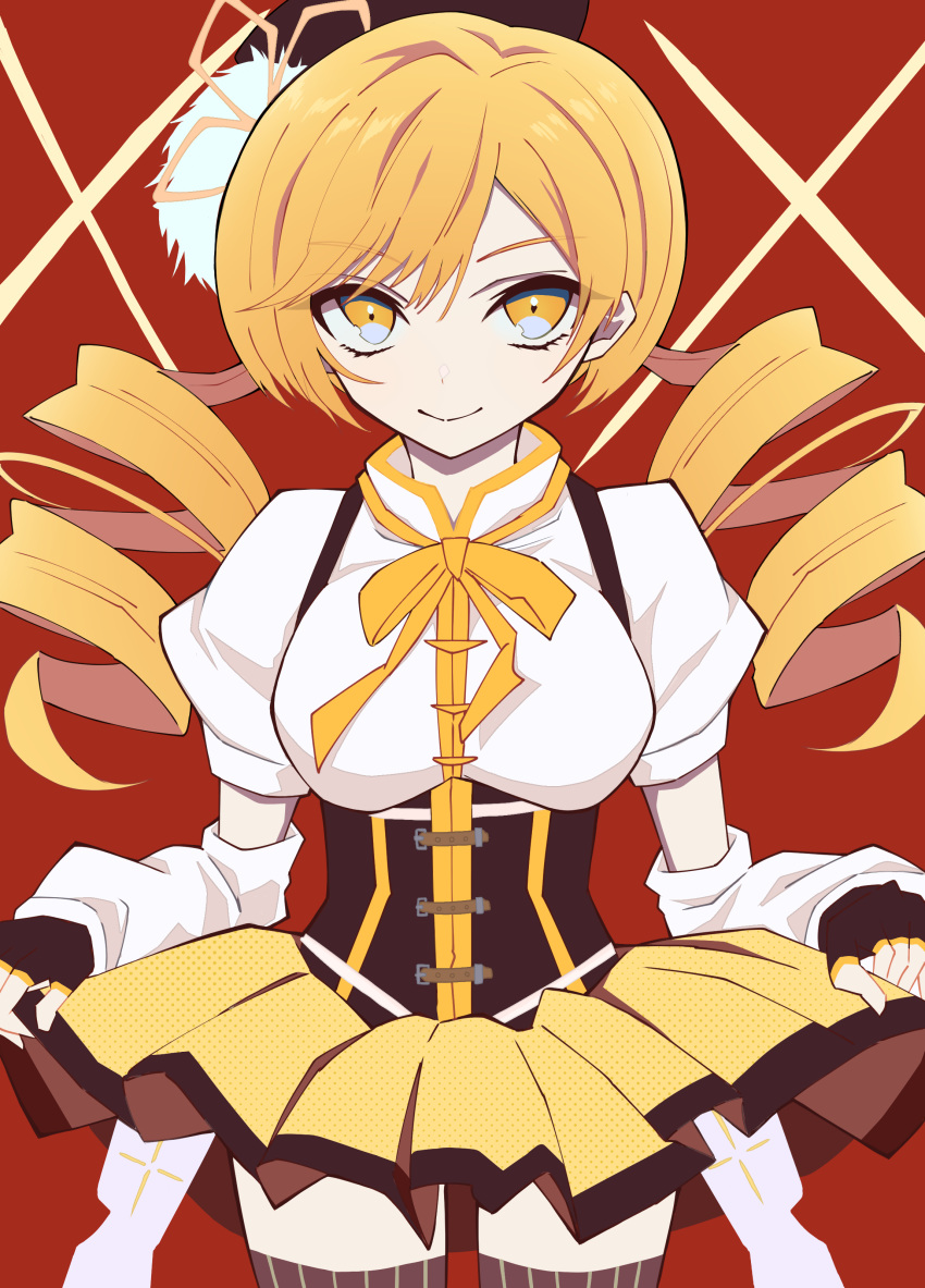 1girl, absurdres, arms_at_sides, black_gloves, black_headwear, blonde_hair, breasts, brown_legwear, closed_mouth, corset, cowboy_shot, detached_sleeves, dot_nose, drill_hair, eyebrows_visible_through_hair, eyelashes, eyes_visible_through_hair, fingerless_gloves, flower, gloves, gun, hair_flower, hair_ornament, hairpin, happy, hat, high_collar, highres, impossible_clothes, large_breasts, looking_at_viewer, magical_musket, mahou_shoujo_madoka_magica, neck_ribbon, polka_dot, polka_dot_skirt, puffy_short_sleeves, puffy_sleeves, red_background, ribbon, rifle, sakura_mo_chiy, shiny, shiny_hair, short_sleeves, simple_background, skirt, skirt_hold, smile, solo, striped, striped_legwear, tareme, thigh-highs, tomoe_mami, twin_drills, vertical-striped_legwear, vertical_stripes, weapon, yellow_eyes, yellow_ribbon, yellow_skirt, zettai_ryouiki