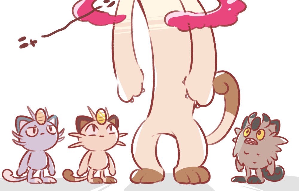 claws, closed_mouth, commentary_request, galarian_form, galarian_meowth, gen_1_pokemon, gen_8_pokemon, gigantamax, gigantamax_meowth, looking_up, meowth, nikoru, no_humans, open_mouth, perrserker, pokemon, pokemon_(creature), sharp_teeth, teeth