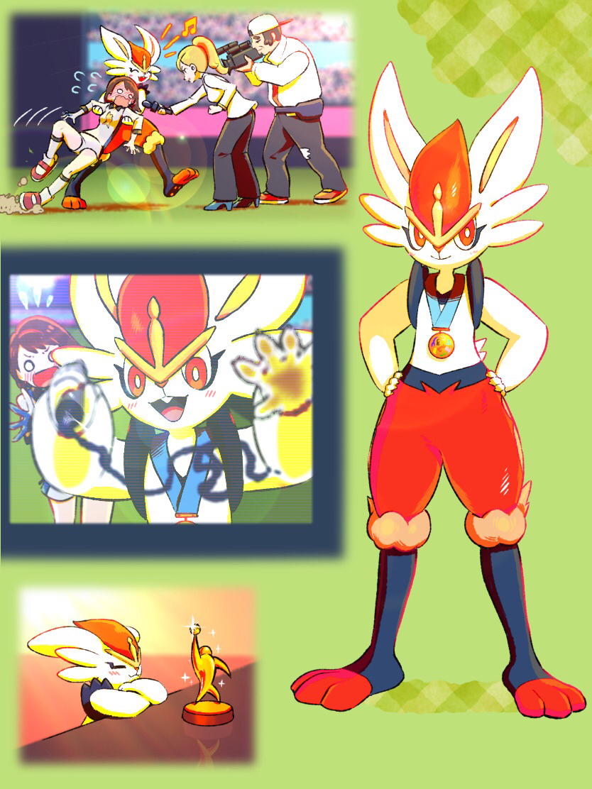 1boy, 2girls, blush, camera, cinderace, commentary_request, flying_sweatdrops, full-face_blush, gen_8_pokemon, gloria_(pokemon), hands_on_hips, holding, holding_pen, inoshikachou, interviewers_(pokemon), lens_flare, medal, microphone, multiple_girls, musical_note, o_o, open_mouth, pen, pokemon, pokemon_(game), pokemon_swsh, shirt, shoes, shorts, smile, socks, stadium, trophy, wavy_mouth, white_legwear, writing