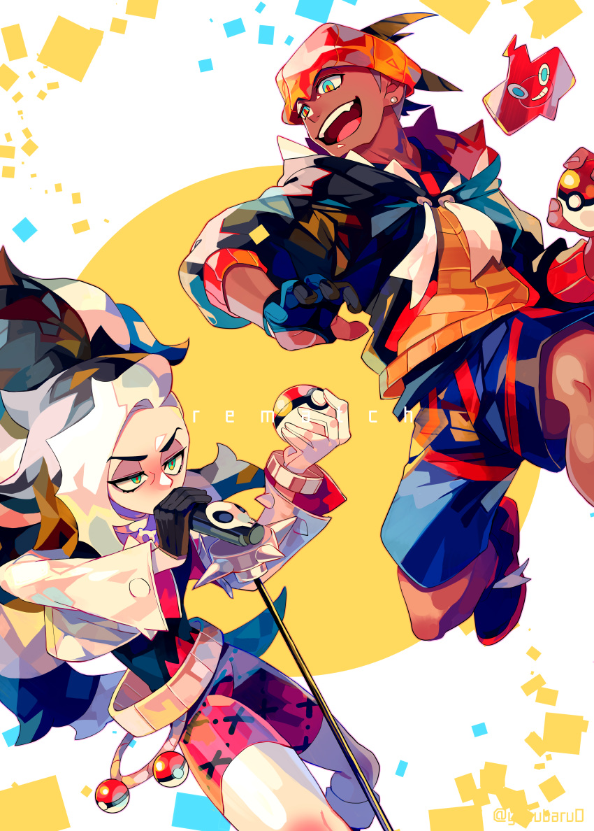 2boys, absurdres, aqua_eyes, belt, black_hoodie, blush, commentary_request, cropped_jacket