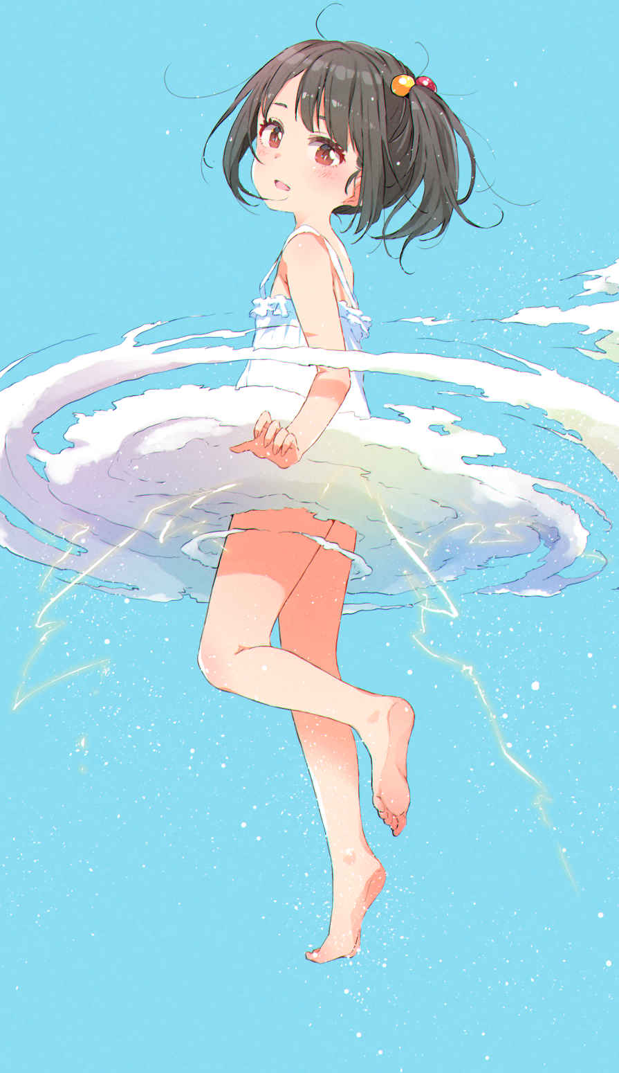 1girl, bangs, bare_arms, bare_shoulders, barefoot, black_hair, blue_background, blush