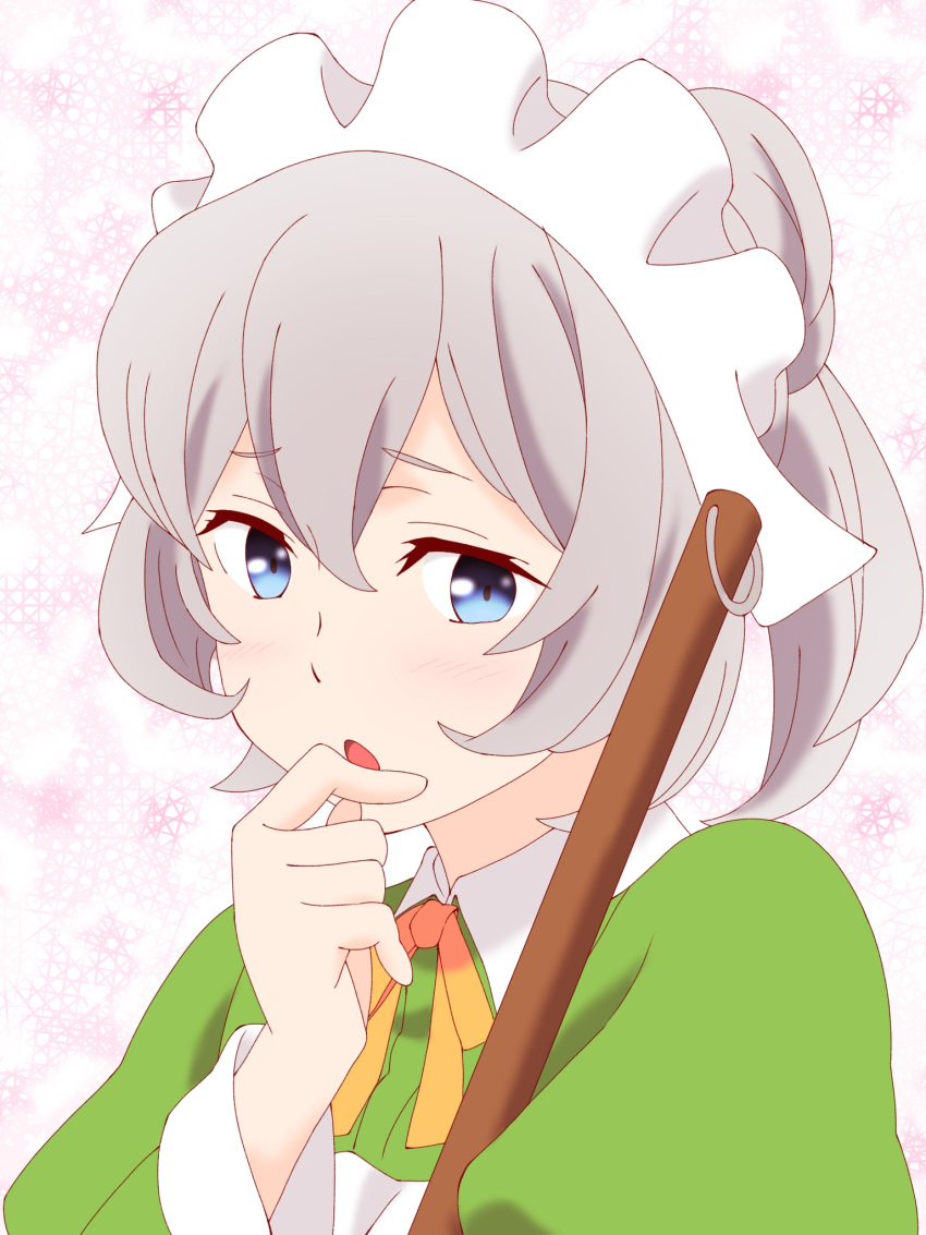 1girl, blue_eyes, dungeon_ni_deai_wo_motomeru_no_wa_machigatteiru_darou_ka, grey_hair, hair_between_eyes, hand_up, highres, long_sleeves, looking_at_viewer, maid_headdress, maou_(ajtdmw369), orange_ribbon, ribbon, short_hair, simple_background, solo, syr_flover, upper_body