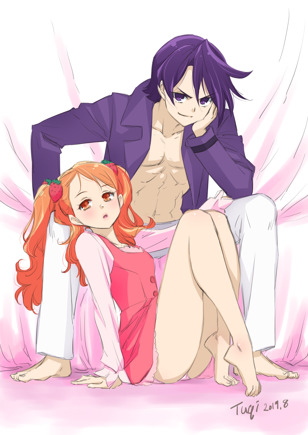 1boy, 1girl, bangs, barefoot, couple, dress, food_themed_hair_ornament, full_body
