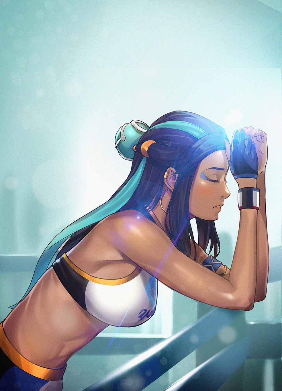 1girl, asymmetrical_gloves, bikini, bikini_top, black_gloves, black_hair, blue_hair, breasts, closed_eyes, from_side, gloves, highres, joe_(j_studio), long_hair, makeup, mascara, medium_breasts, multicolored_hair, nessa_(pokemon), pokemon, pokemon_(game), pokemon_swsh, profile, sideboob, single_glove, solo, swimsuit, tied_hair, two-tone_hair, very_long_hair, white_bikini, wristband