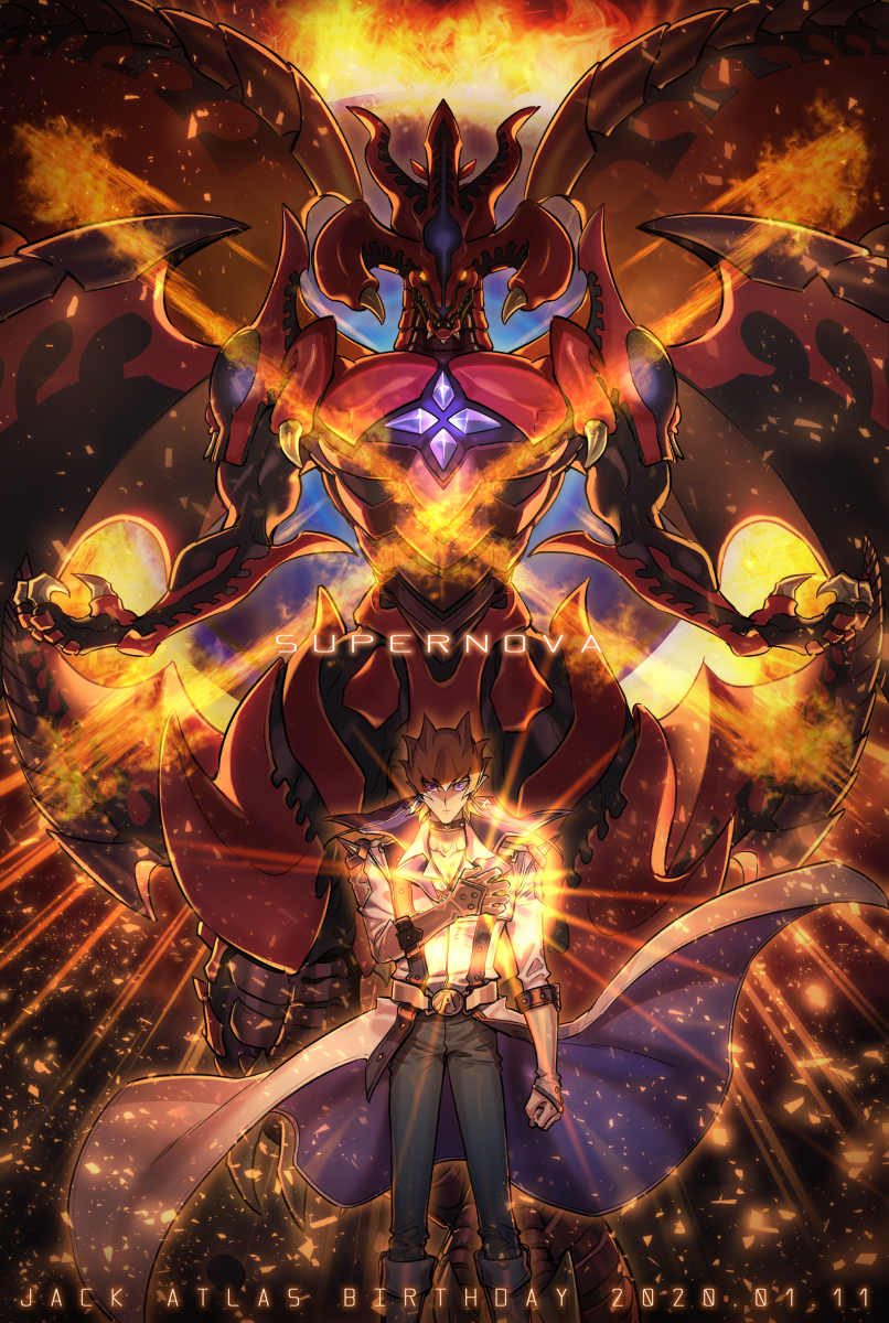 1boy, blonde_hair, character_name, coat, dragon, fire, gloves, grey_pants