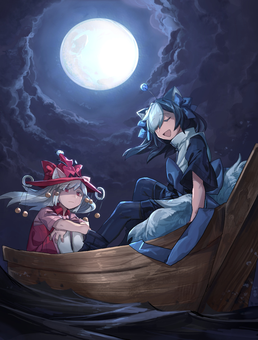 2girls, :d, animal_ears, antennae, black_hair, blue_bow, blue_legwear, boat
