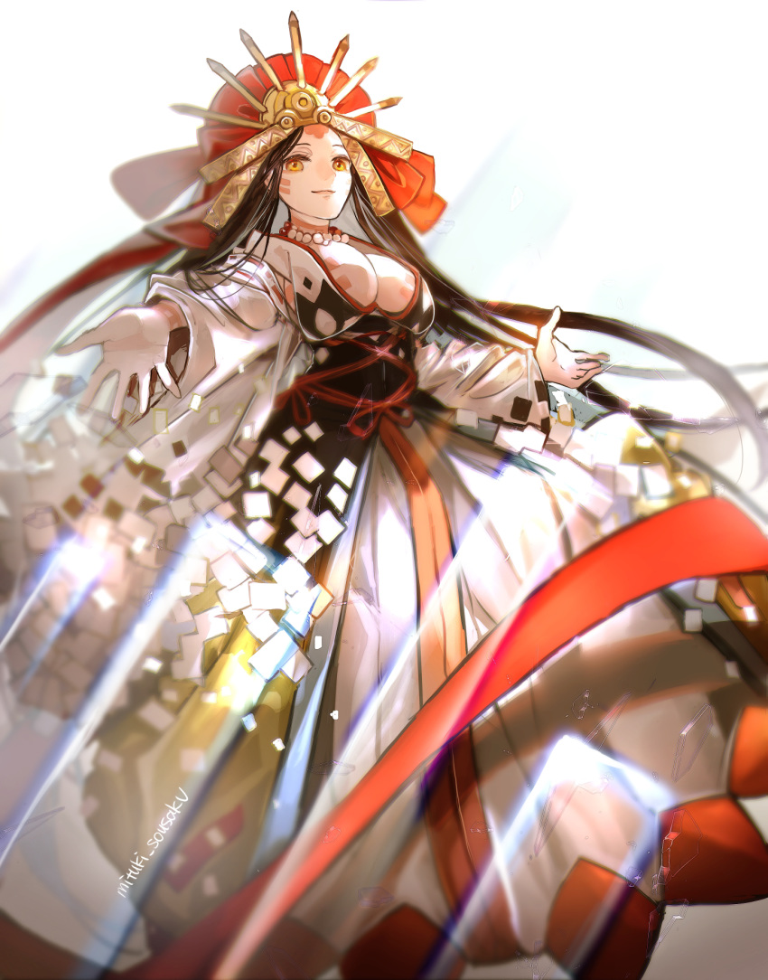 1girl, body_markings, breasts, brown_eyes, brown_hair, dress, fate/grand_order, fate_(series)