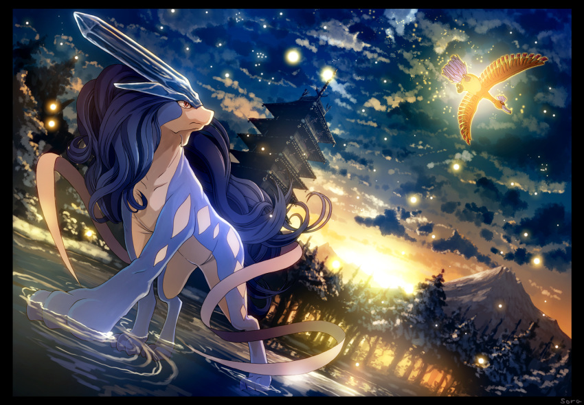 alternate_color, building, closed_mouth, clouds, commentary, flying, gen_2_pokemon, ho-oh