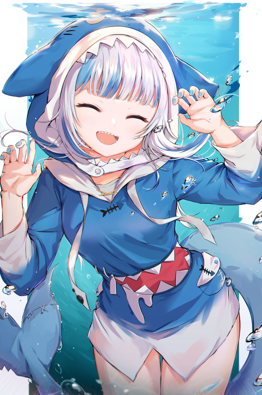 1girl, :d, ^_^, animal_hood, bangs, blue_hair, blue_hoodie, blue_nails