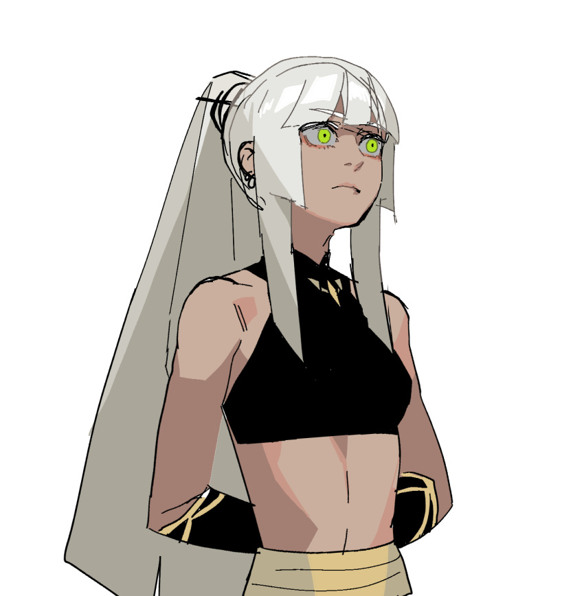 1girl, arms_behind_back, bare_shoulders, breasts, closed_mouth, dark_skin, earrings, gogalking
