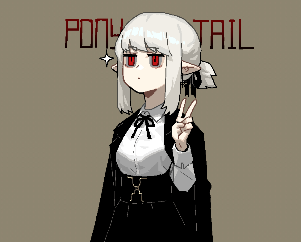 1girl, alternate_hair_length, alternate_hairstyle, black_cape, black_neckwear, black_ribbon, black_skirt, cape, closed_mouth, collared_shirt, commentary, cowboy_shot, cross, cross_earrings, earrings, english_commentary, english_text, gogalking, grey_hair, hand_up, high-waist_skirt, jewelry, jitome, long_sleeves, neck_ribbon, original, pointy_ears, ponytail, red_eyes, ribbon, shirt, short_hair, sidelocks, simple_background, skirt, slit_pupils, solo, sparkle, v, vampire_(gogalking), white_shirt, wing_collar, yellow_background