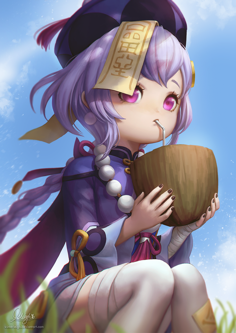 1girl, black_nails, child, chinese_clothes, coconut, drink, drinking, drinking_straw, genshin_impact, grass, hair_ornament, hat, jiangshi, nail_polish, purple_hair, qiqi, short_hair, sitting, solo, violet_eyes, winterleigh