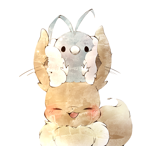 beak, blush, closed_eyes, commentary_request, eevee, fur, gen_1_pokemon, gen_3_pokemon, looking_at_viewer, lowres, motion_lines, nightfizz, no_humans, on_head, open_mouth, pokemon, pokemon_(creature), pokemon_on_head, smile, swablu, tongue, white_background