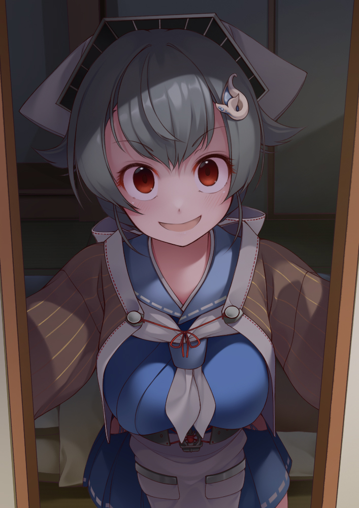 1girl, apron, bandana, bangs, black_hair, blue_sailor_collar, blue_skirt, blush