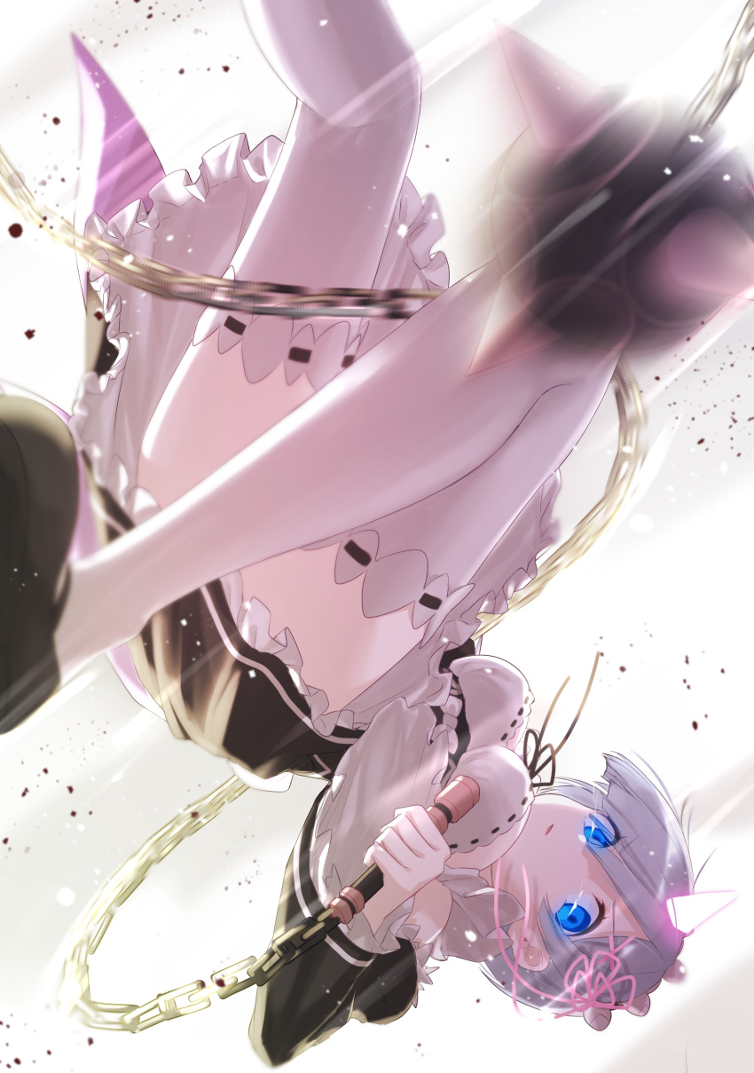 1girl, absurdres, bikini, blue_eyes, blue_hair, chain, detached_sleeves, flail