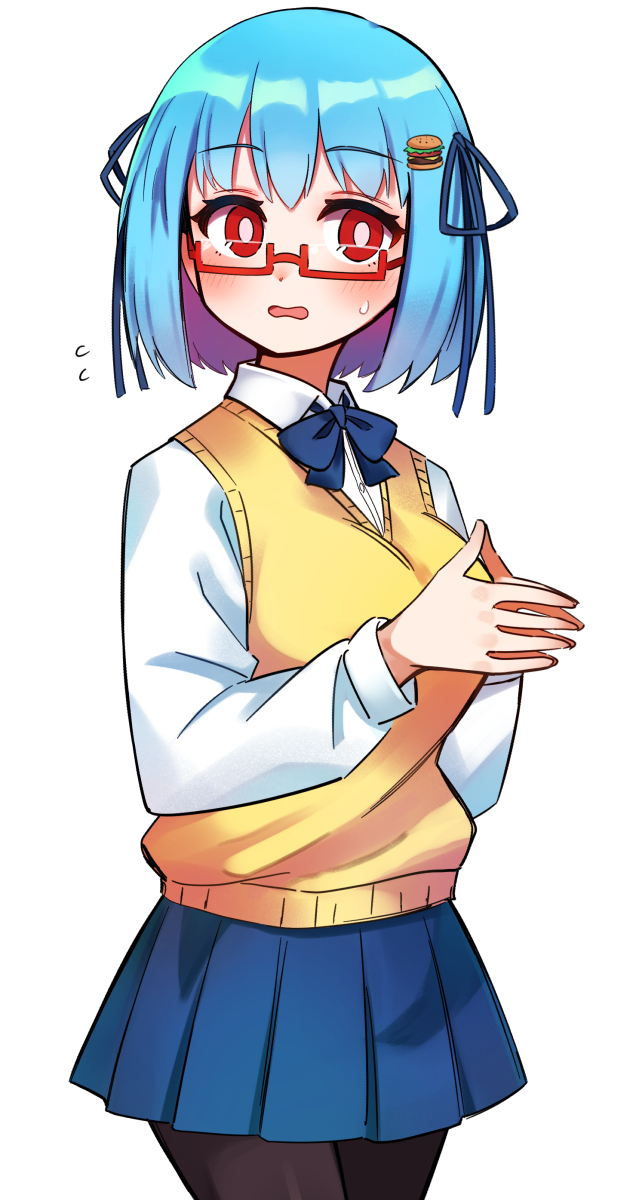 1girl, aqua_hair, bangs, black_legwear, blue_skirt, blush, breasts, eyebrows_visible_through_hair