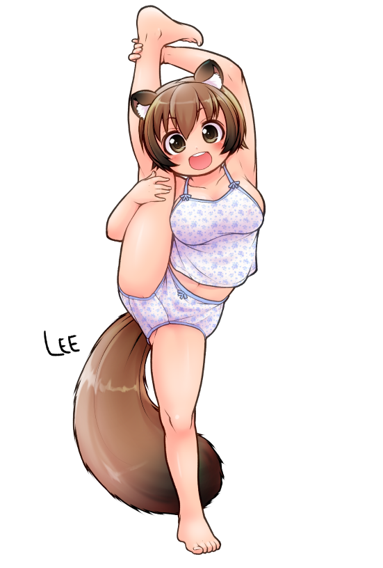 1girl, :d, animal_ear_fluff, animal_ears, armpits, artist_name, bangs, bare_legs