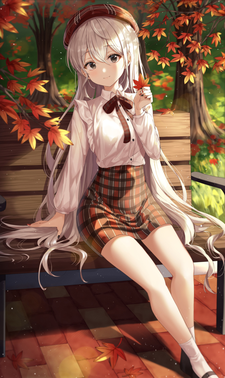 1girl, arm_support, autumn, autumn_leaves, bangs, bench, black_footwear, black_nails