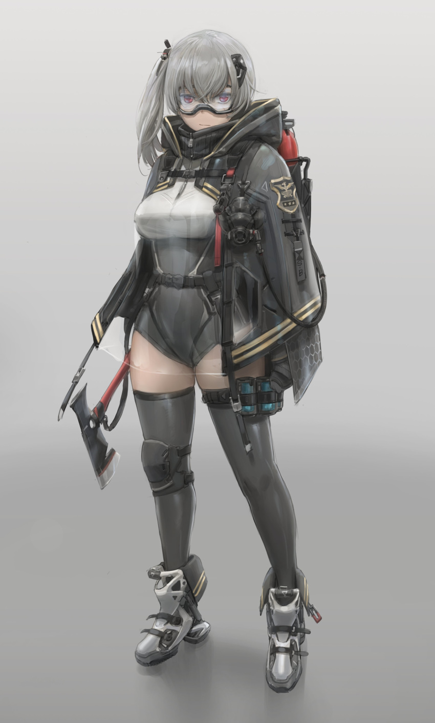 1girl, absurdres, armor, armored_boots, axe, badge, bangs, belt, black_gloves, black_legwear, black_mask, blush, boots, breasts, canister, cape, clenched_hand, cloak, closed_mouth, emblem, facial_scar, fire_extinguisher, firefighter, full_body, gas_mask, gloves, goggles, gradient, gradient_background, grey_background, grey_cloak, grey_hair, grey_legwear, grey_leotard, hair_between_eyes, highres, holding, holding_axe, honeycomb_(pattern), honeycomb_print, hood, hood_down, hooded_cloak, knee_pads, large_breasts, leotard, long_hair, looking_at_viewer, mask, mask_removed, open_cloak, open_clothes, original, red_eyes, scar, see-through, side_ponytail, sidelocks, single_knee_pad, skindentation, snap-fit_buckle, solo, standing, strap, thigh-highs, thigh_strap, thighs, translucent, yohan1754, zipper, zipper_pull_tab