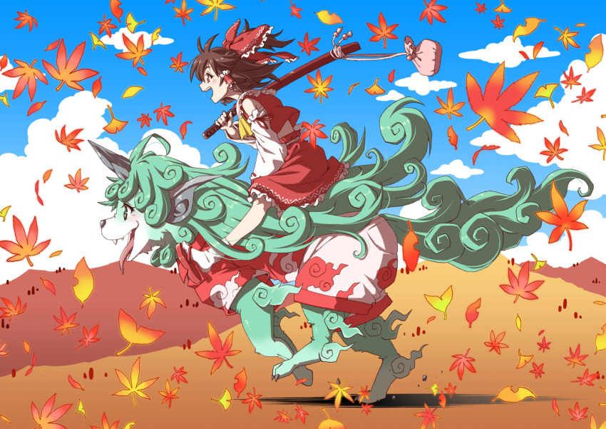 1girl, animal, animalization, ascot, autumn_leaves, bag, bare_shoulders, bow