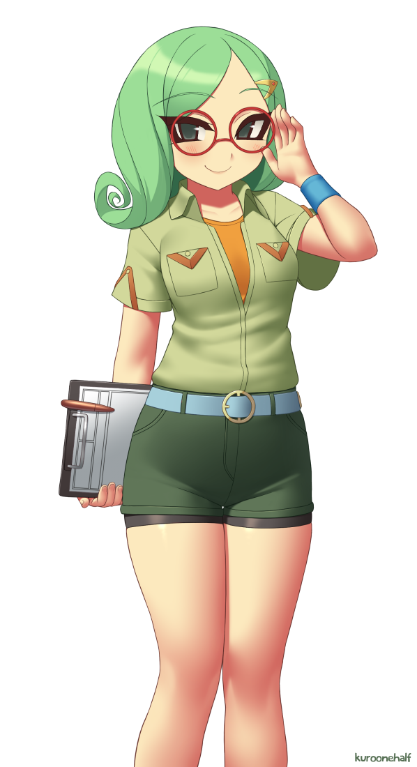 1girl, artist_name, belt, black_eyes, bokujou_monogatari, breast_pocket, collarbone, commentary
