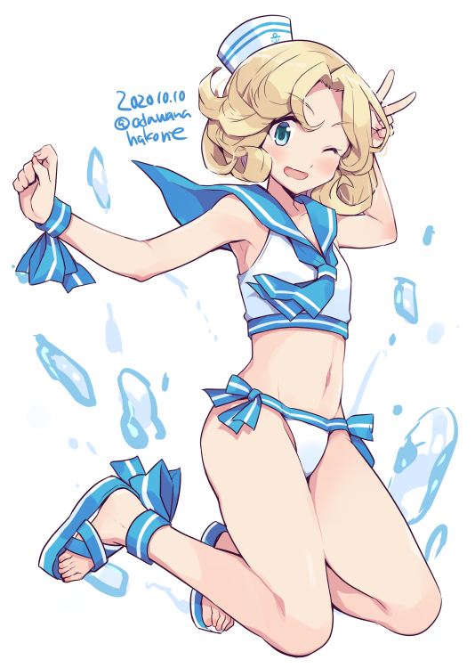 1girl, anchor_symbol, bare_legs, barefoot, blonde_hair, blue_eyes, blue_sailor_collar, blush